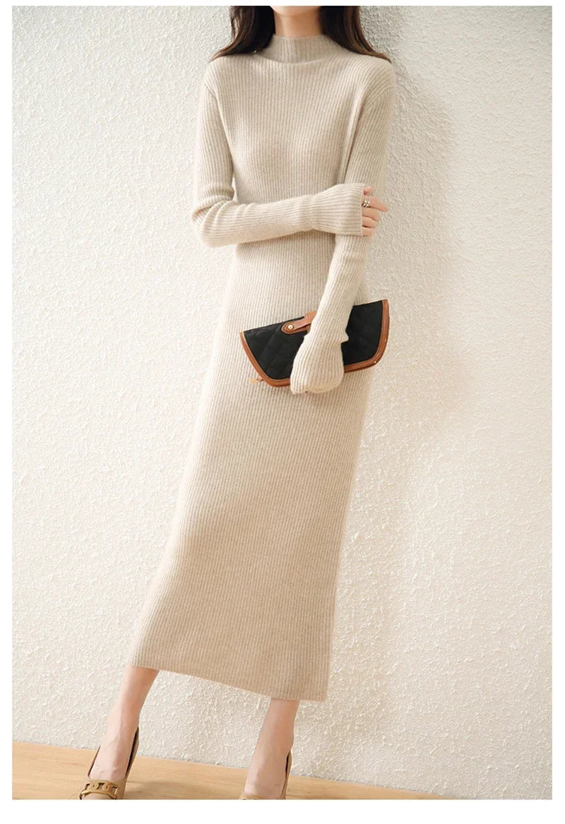 Robe Midi Côtelée col Montant Femme