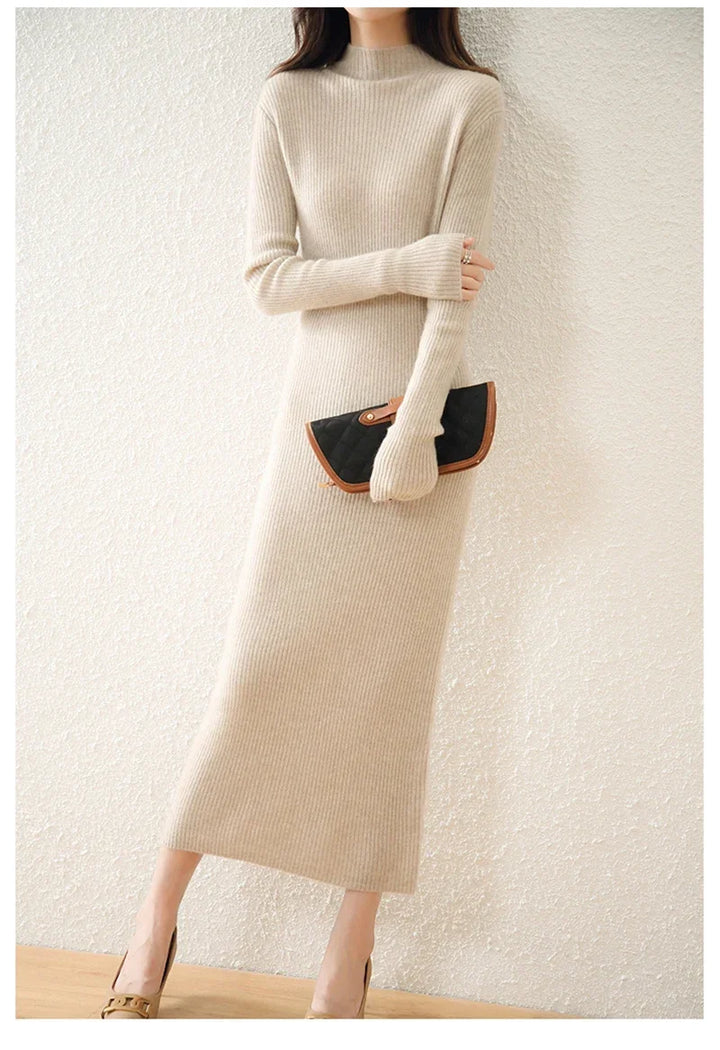 Robe Midi Côtelée col Montant Femme