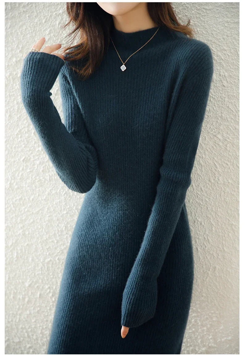 Robe Midi Côtelée col Montant Femme
