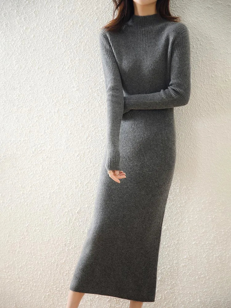 Robe Midi Côtelée col Montant Femme