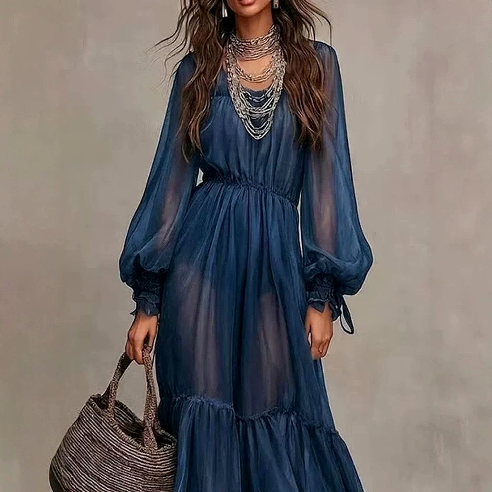 Robe Maxi à Volants Manches Longues Femme