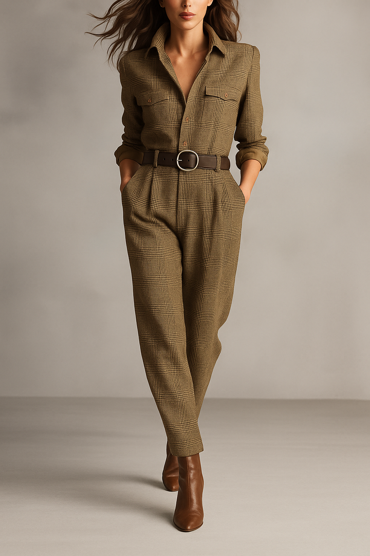 Combinaison Pantalon à Carreaux et Col Chemise Femme