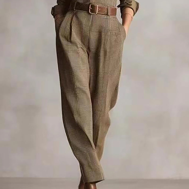 Combinaison Pantalon à Carreaux et Col Chemise Femme