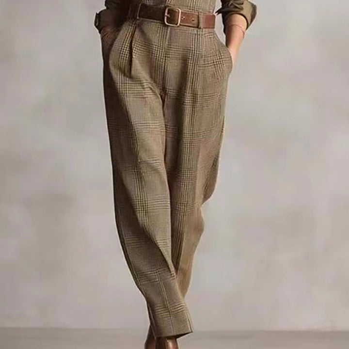 Combinaison Pantalon à Carreaux et Col Chemise Femme