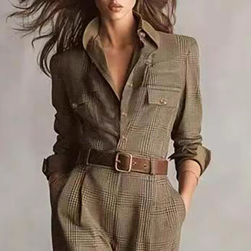 Combinaison Pantalon à Carreaux et Col Chemise Femme