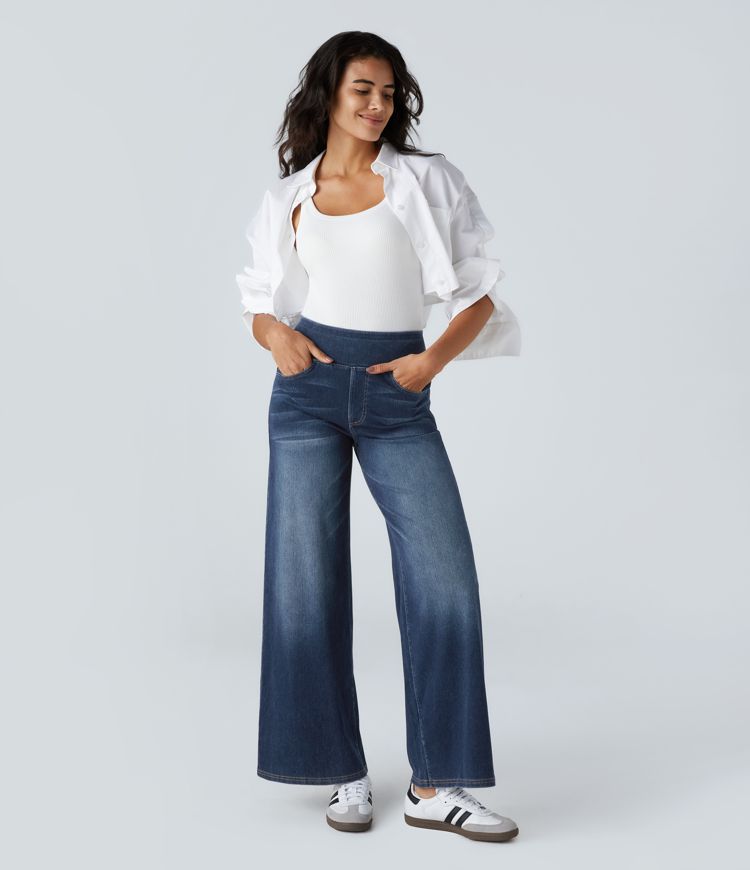 Jean Large Taille Haute à Jambe Évasée Femme