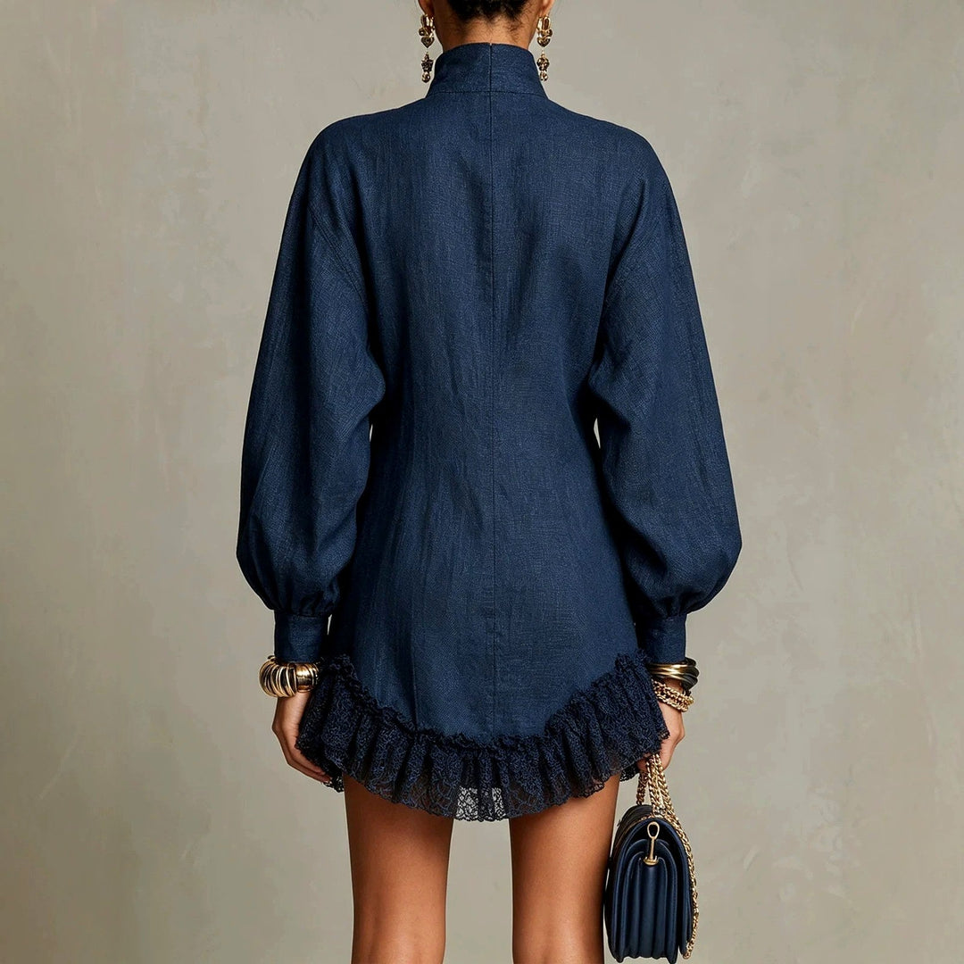 Robe Mini Boutonnée à Col Montant Femme