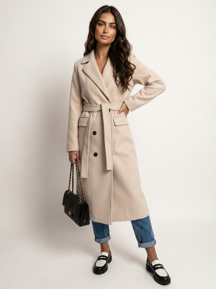 Trench Long Ceinturé à Revers Femme