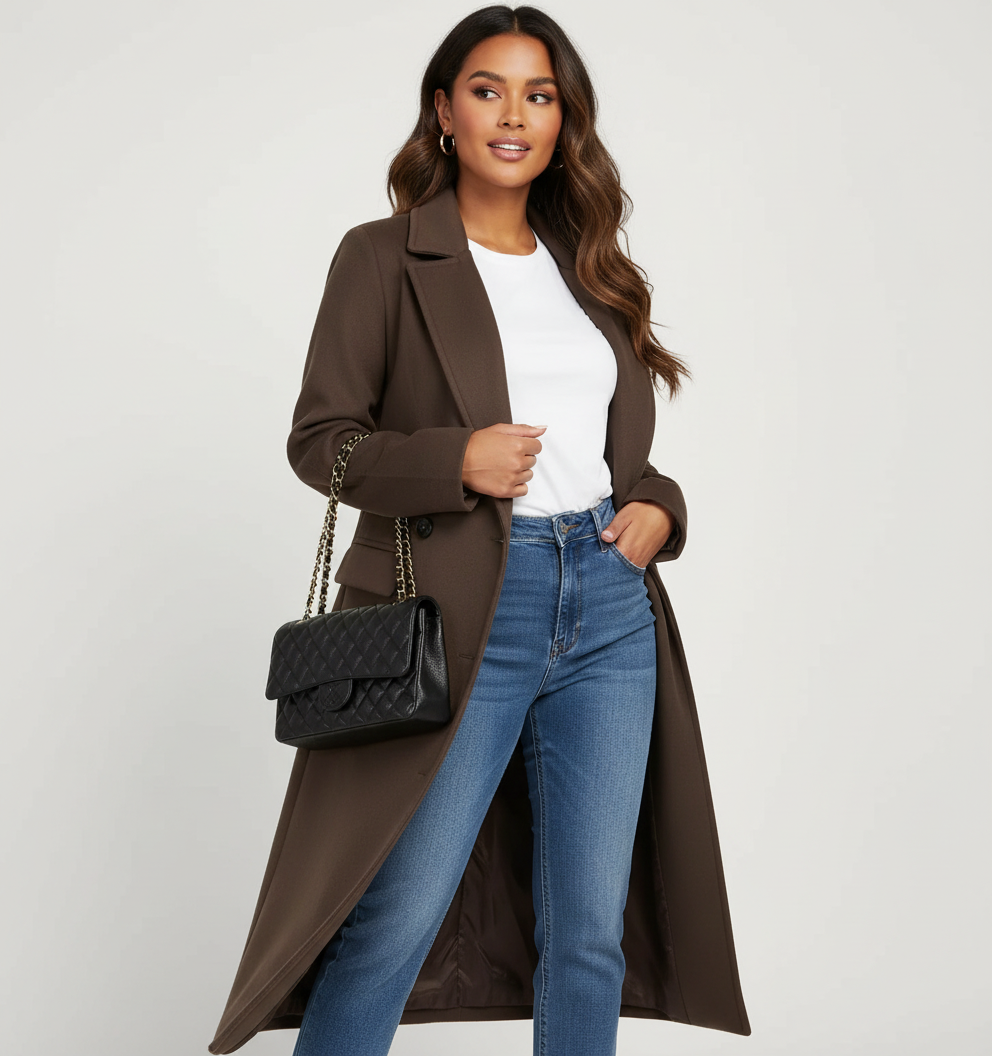 Trench Long Ceinturé à Revers Femme