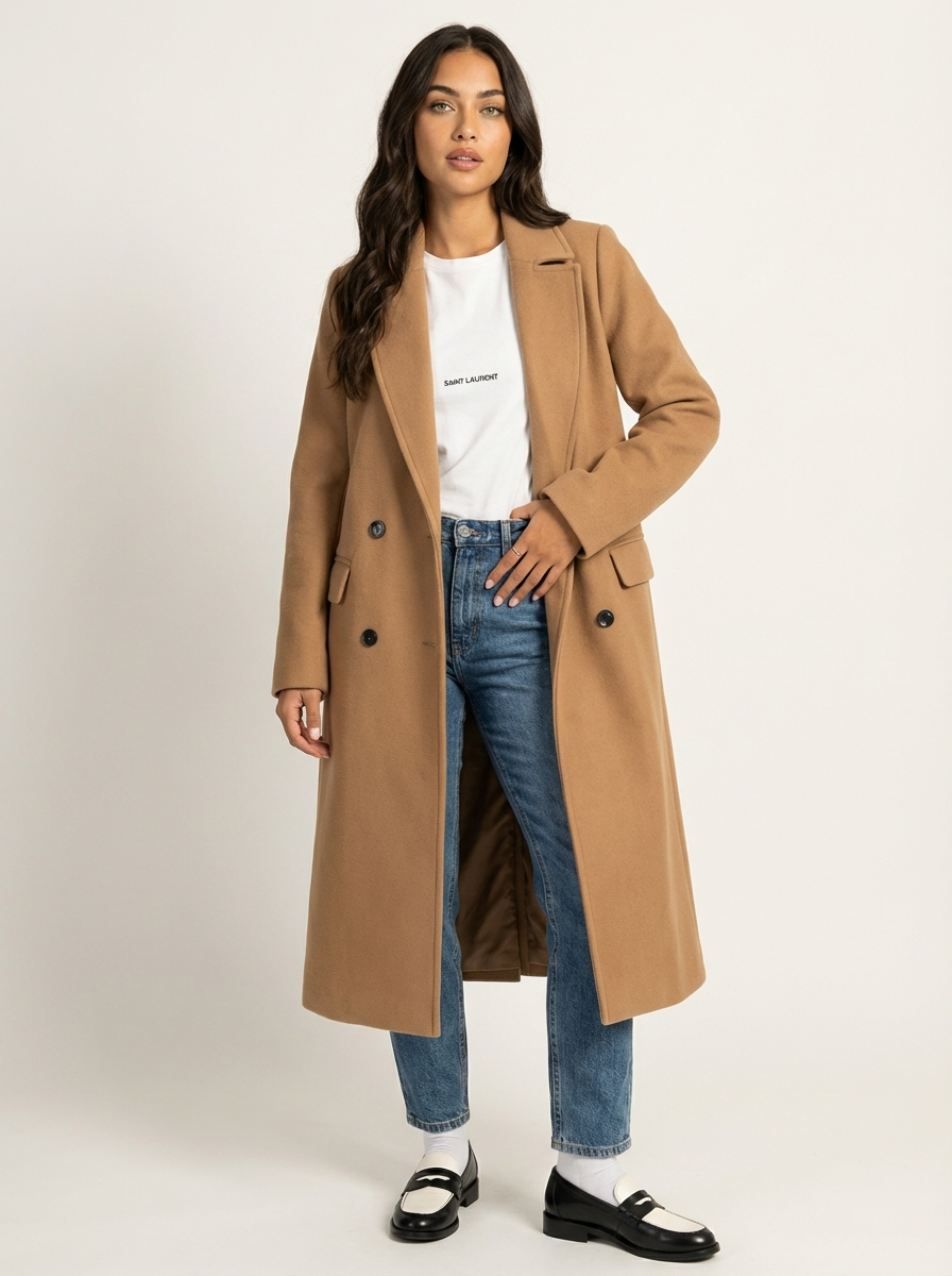 Trench Long Ceinturé à Revers Femme
