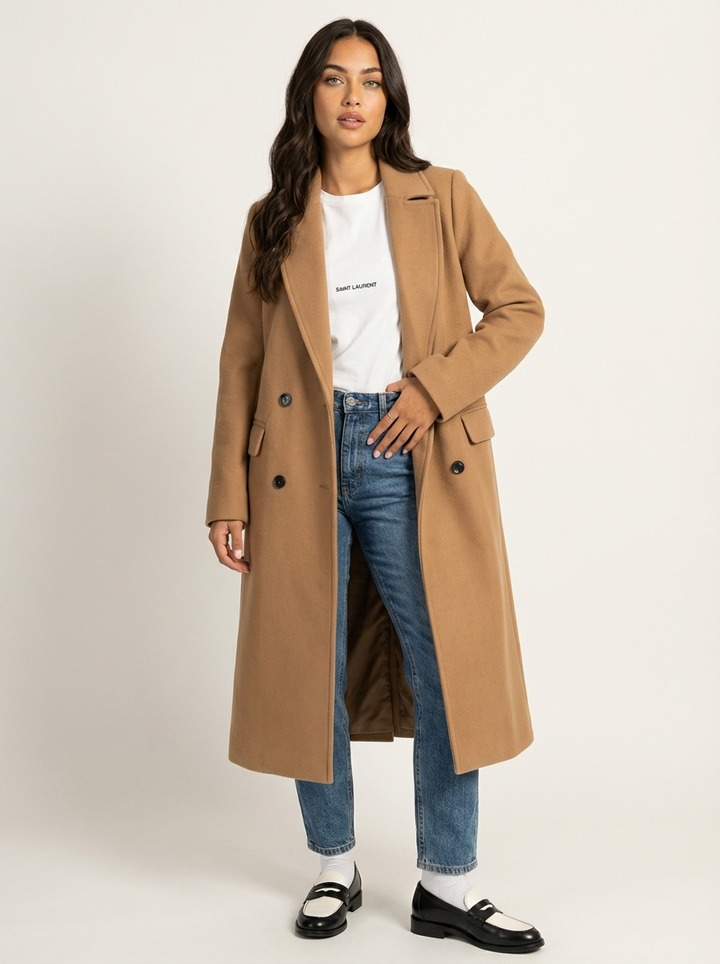 Trench Long Ceinturé à Revers Femme