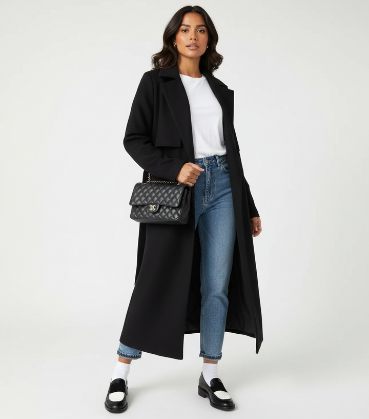 Trench Long Ceinturé à Revers Femme