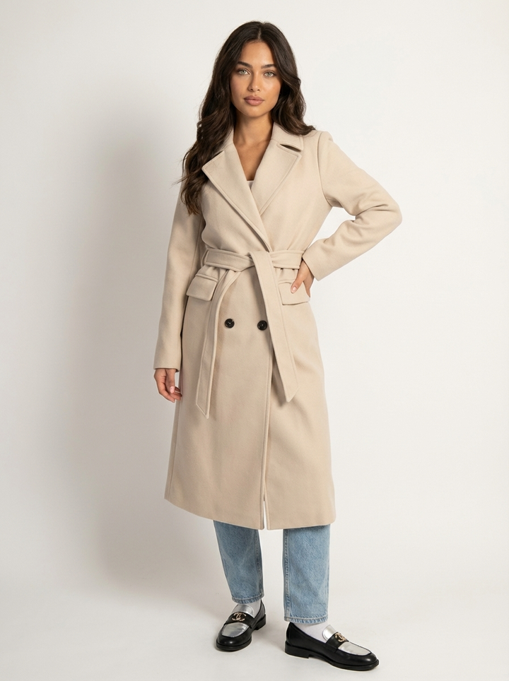 Trench Long Ceinturé à Revers Femme
