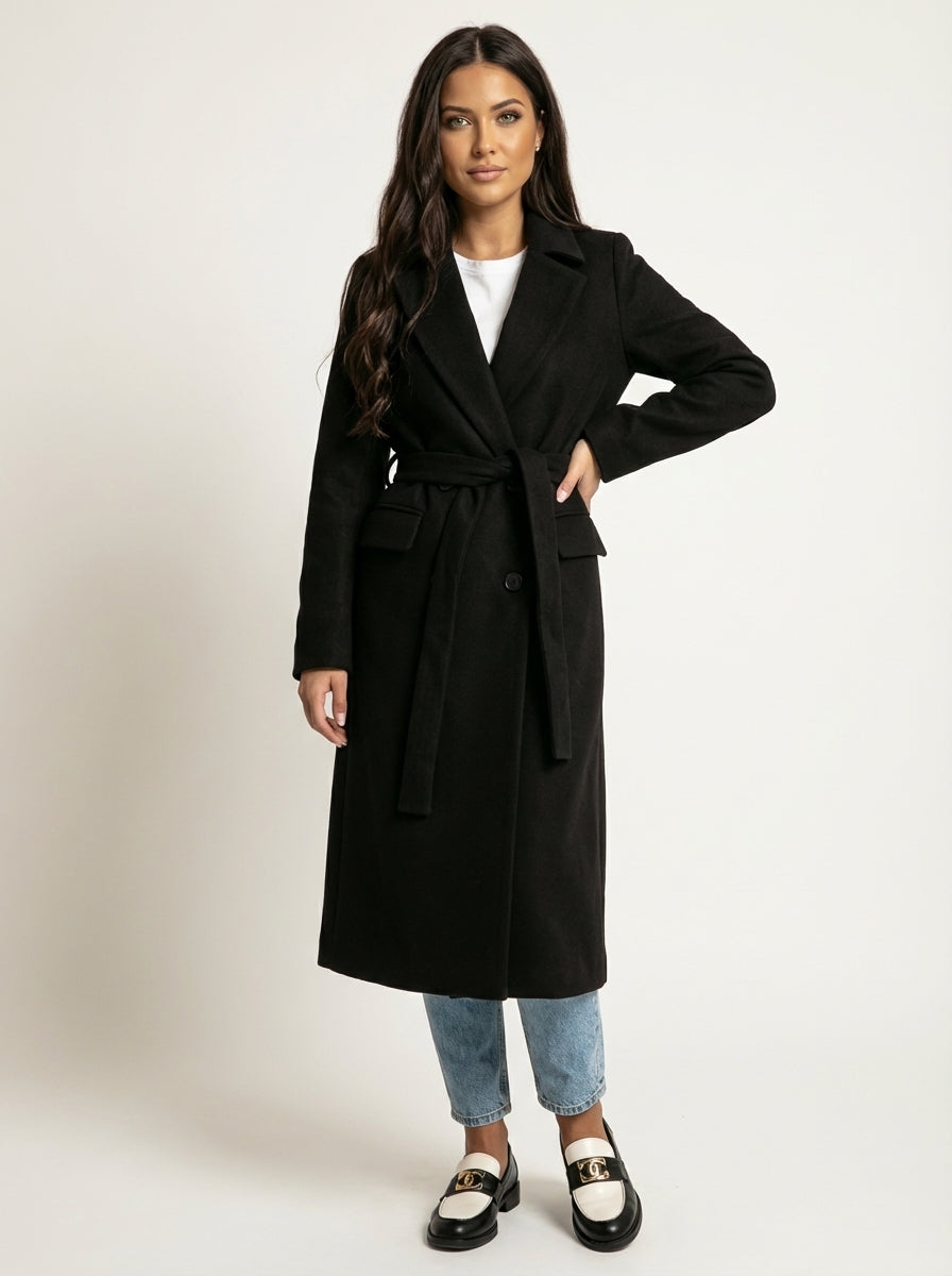 Trench Long Ceinturé à Revers Femme