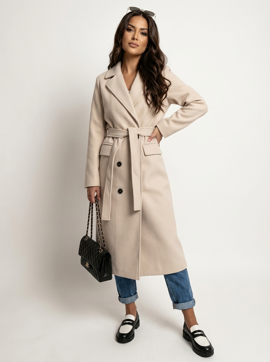 Trench Long Ceinturé à Revers Femme