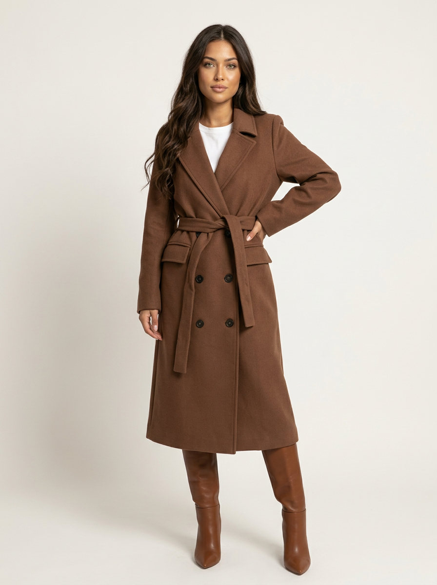 Trench Long Ceinturé à Revers Femme
