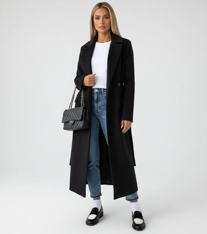 Trench Long Ceinturé à Revers Femme