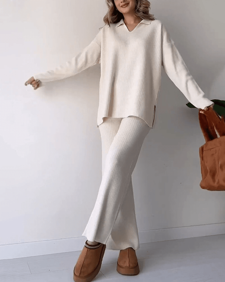 Ensemble Deux Pièces Côtelé à Pantalon Large Femme