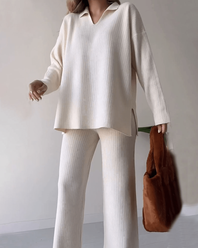 Ensemble Deux Pièces Côtelé à Pantalon Large Femme