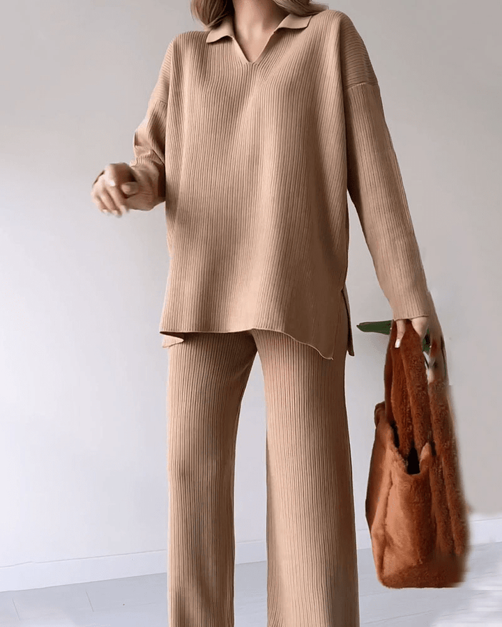 Ensemble Deux Pièces Côtelé à Pantalon Large Femme