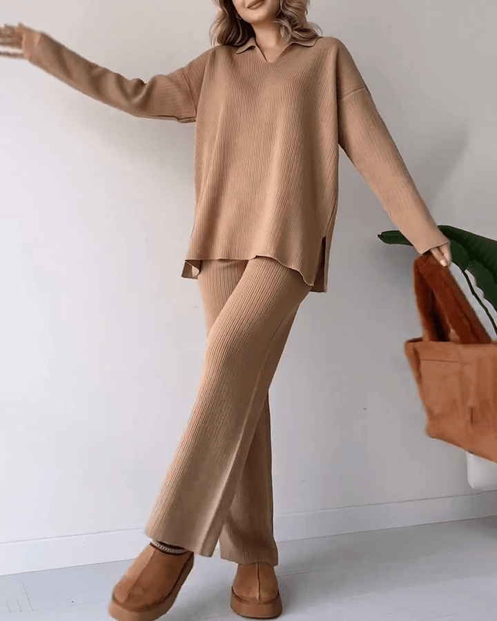 Ensemble Deux Pièces Côtelé à Pantalon Large Femme