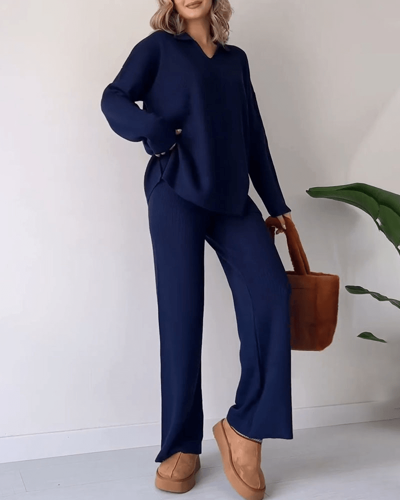 Ensemble Deux Pièces Côtelé à Pantalon Large Femme