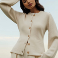 Women's Buttoned Cardigan with Round Neck and Pockets