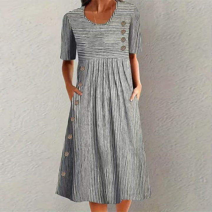 Robe Midi Rayée à Manches Courtes Femme
