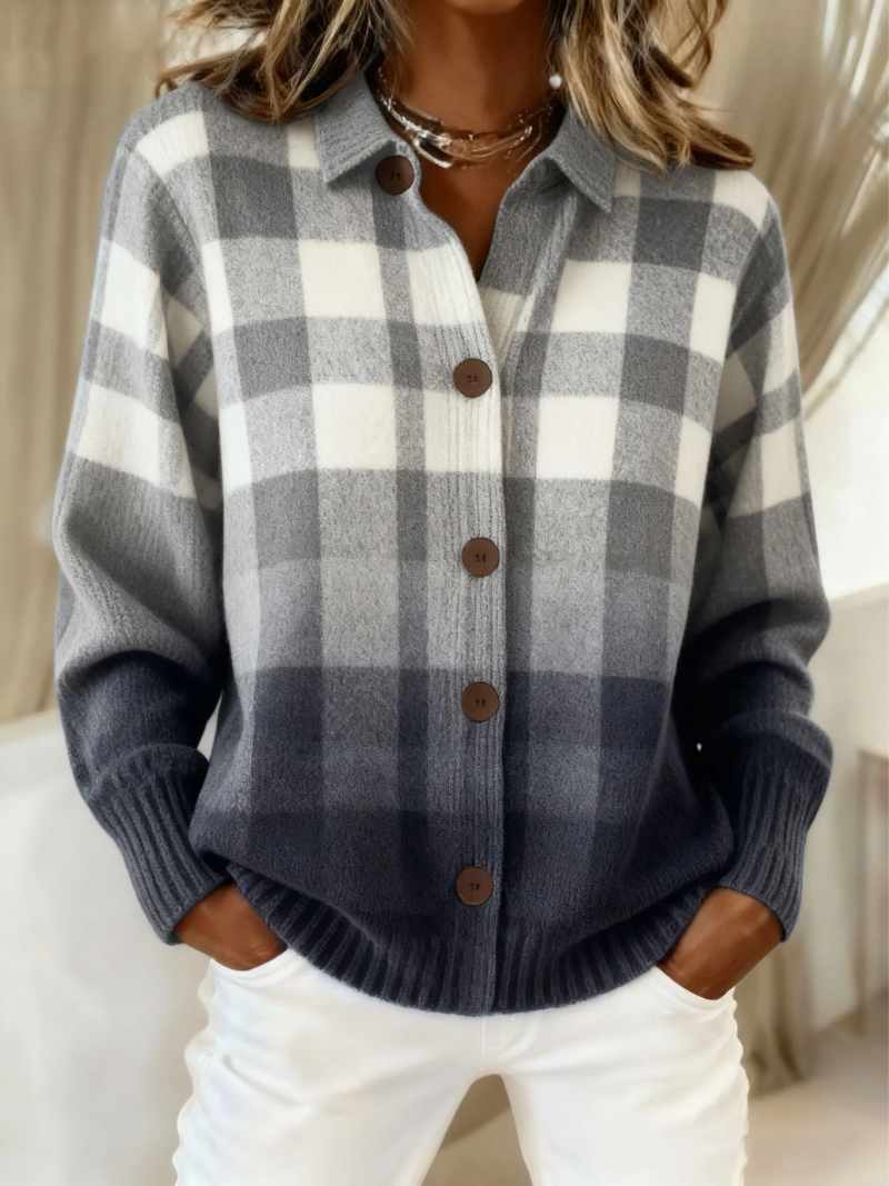 Cardigan à Carreaux Boutonné Col Chemise Femme