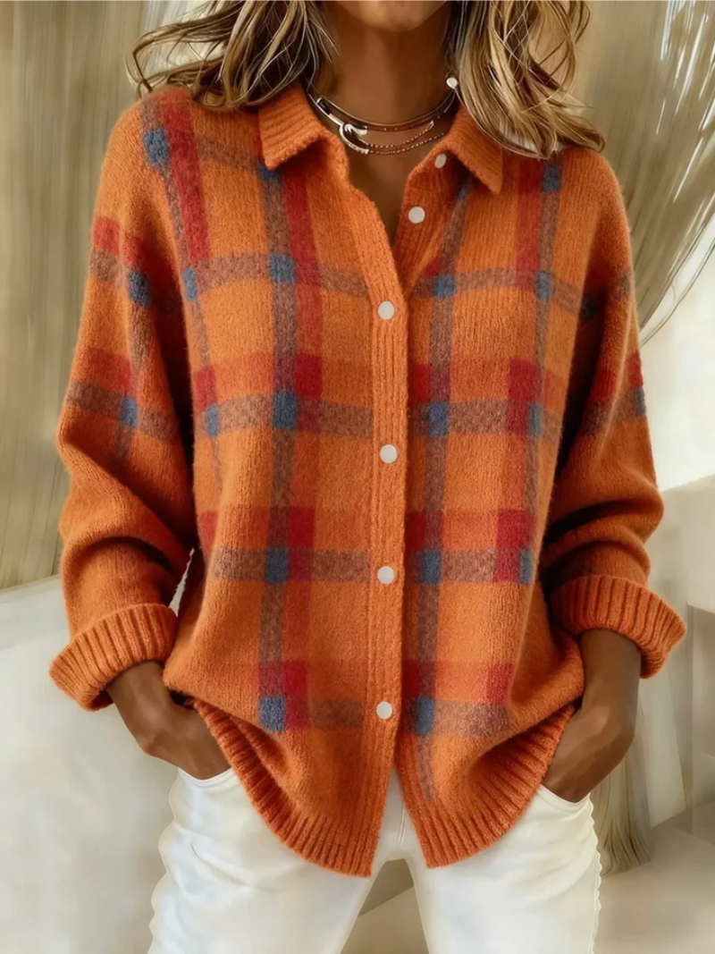 Cardigan à Carreaux Boutonné Col Chemise Femme