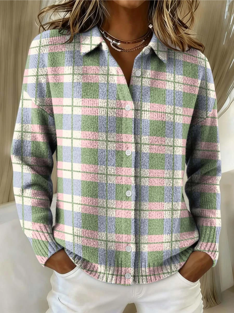 Cardigan à Carreaux Boutonné Col Chemise Femme