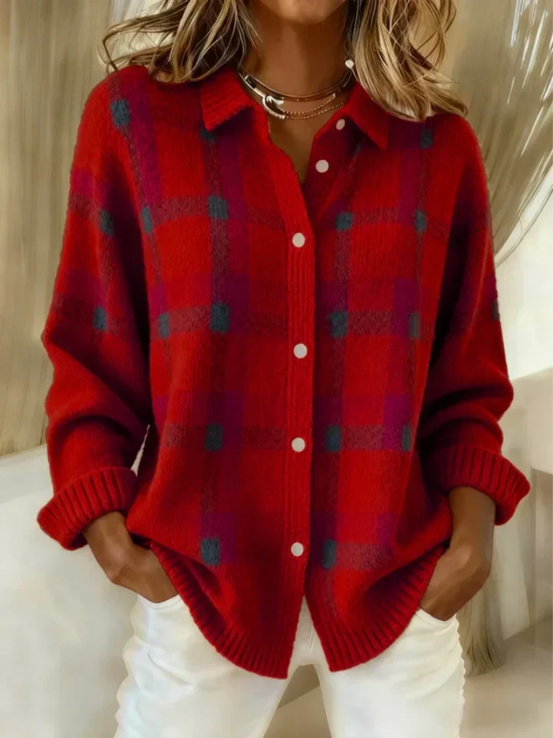 Cardigan à Carreaux Boutonné Col Chemise Femme