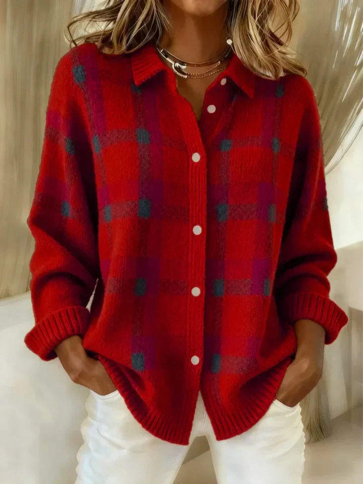 Cardigan à Carreaux Boutonné Col Chemise Femme