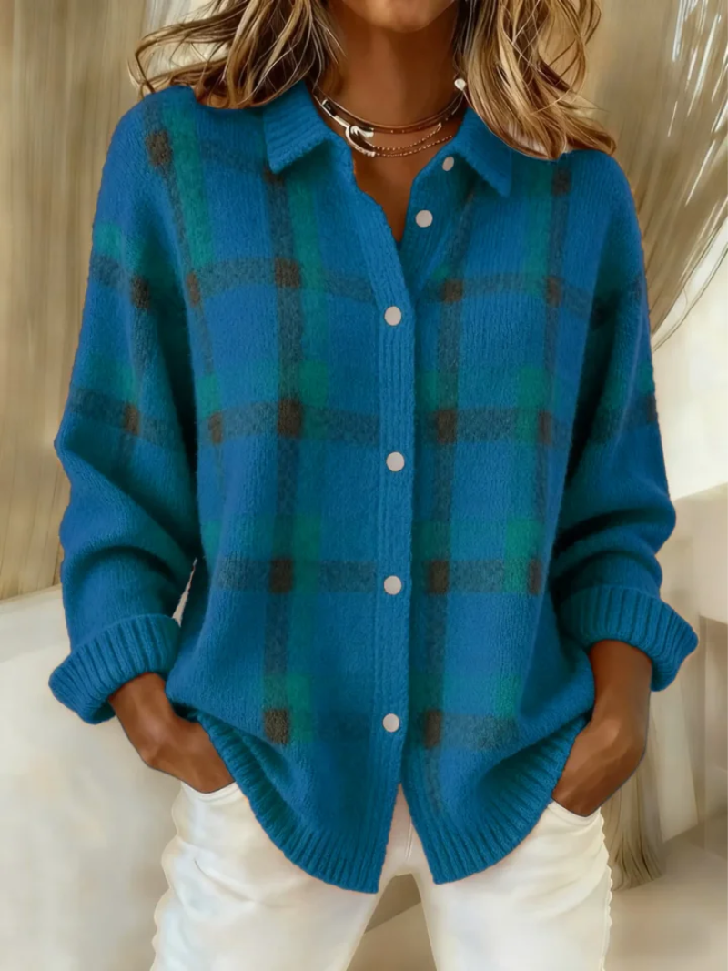 Cardigan à Carreaux Boutonné Col Chemise Femme