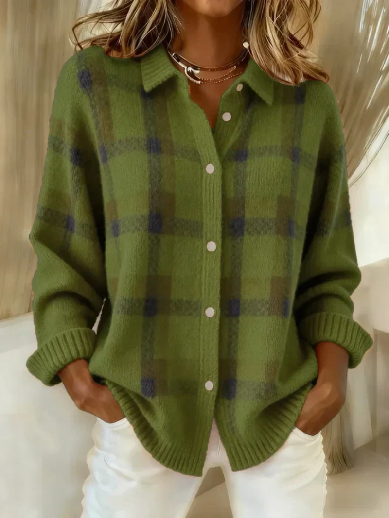 Cardigan à Carreaux Boutonné Col Chemise Femme