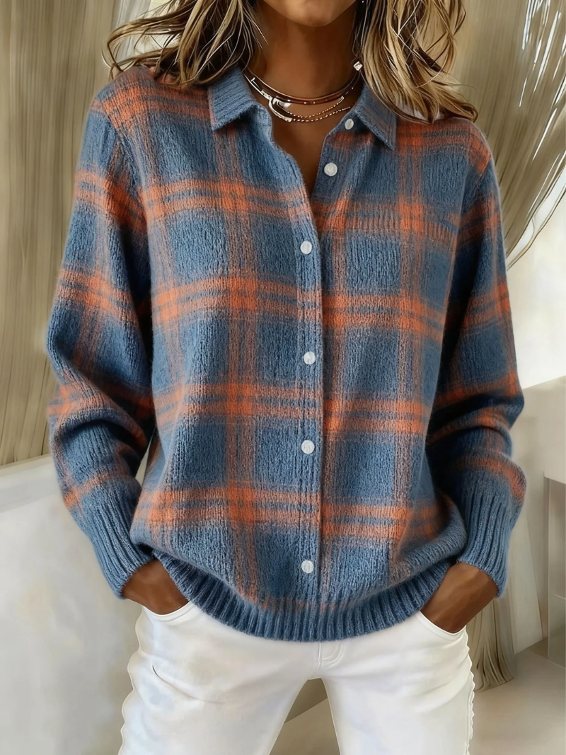 Cardigan à Carreaux Boutonné Col Chemise Femme