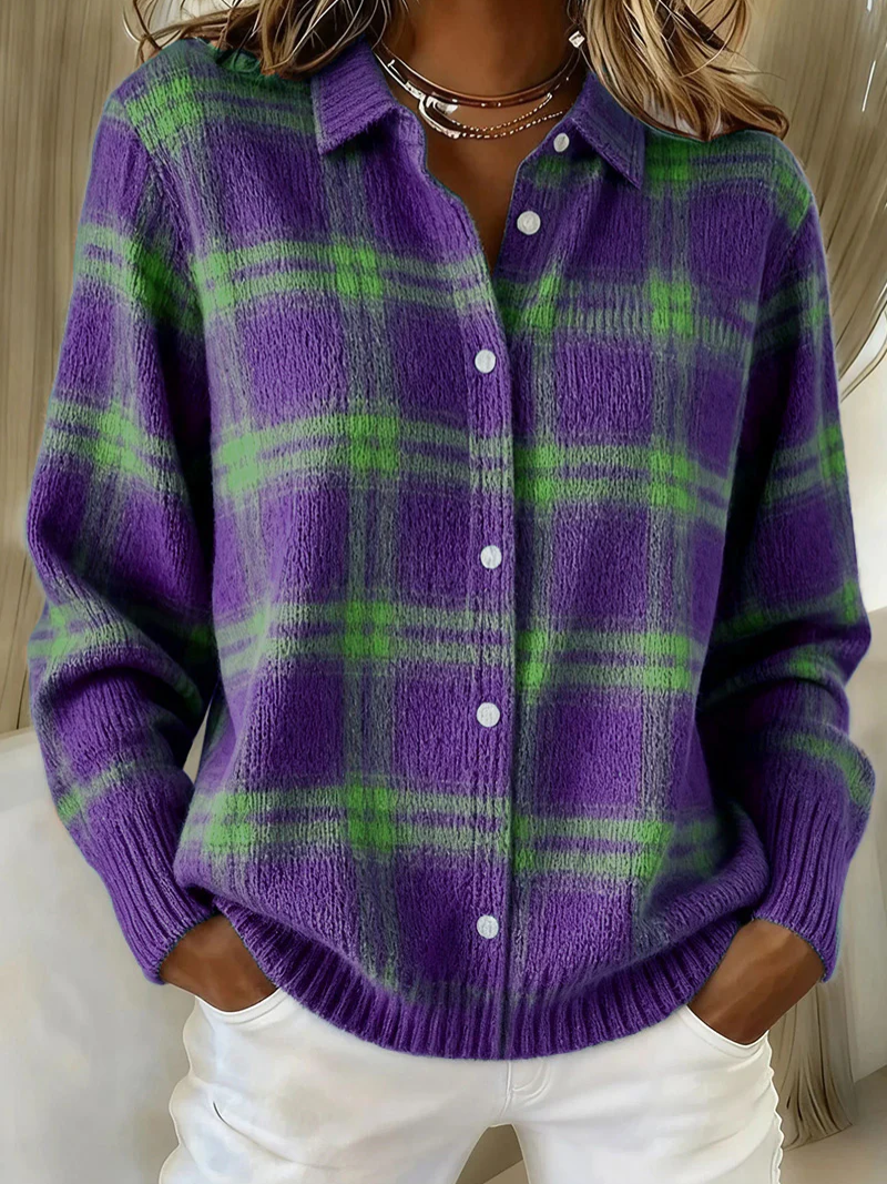 Cardigan à Carreaux Boutonné Col Chemise Femme