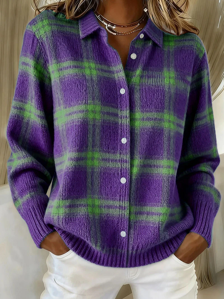 Cardigan à Carreaux Boutonné Col Chemise Femme