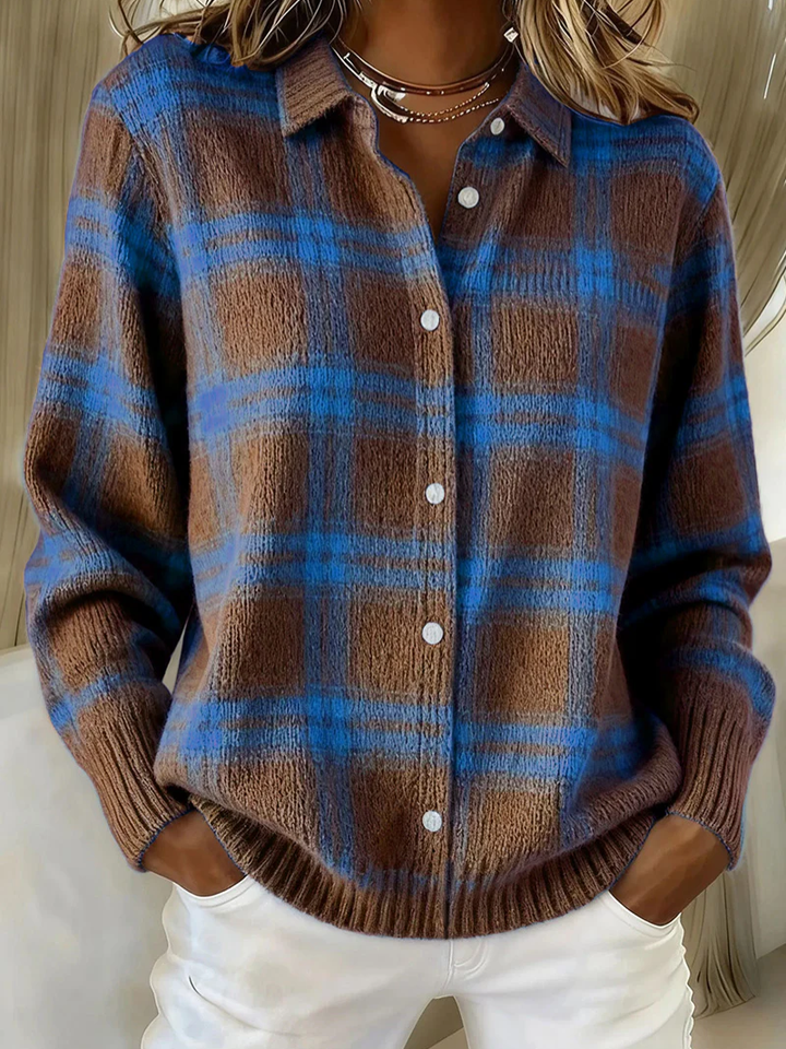 Cardigan à Carreaux Boutonné Col Chemise Femme
