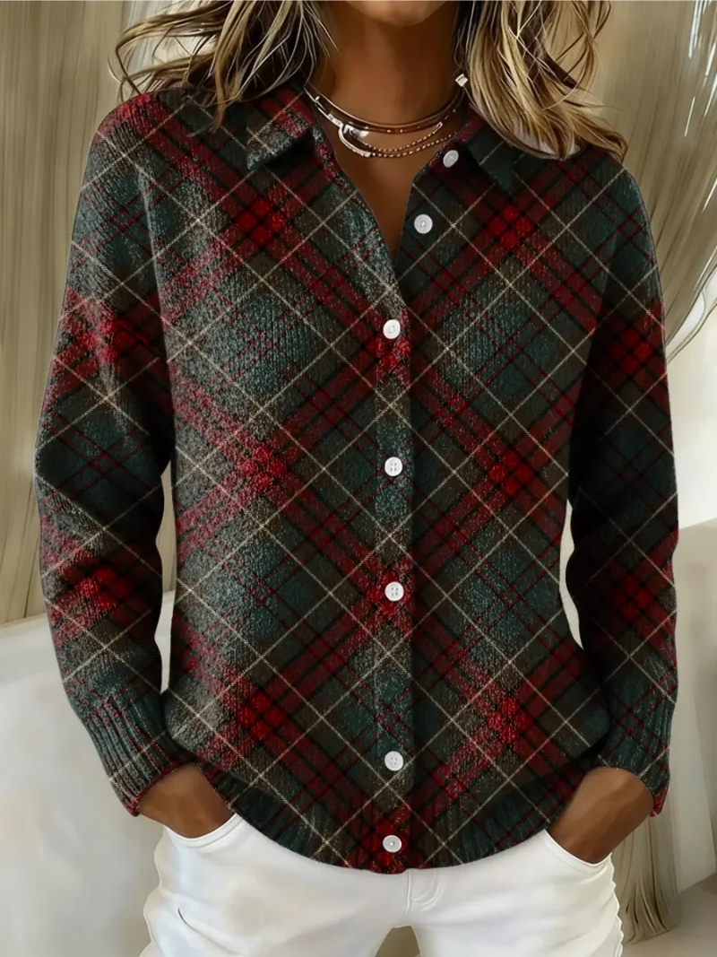 Cardigan à Carreaux Boutonné Col Chemise Femme
