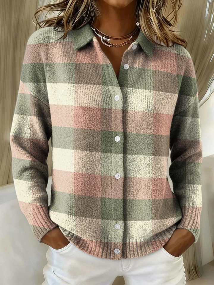 Cardigan à Carreaux Boutonné Col Chemise Femme