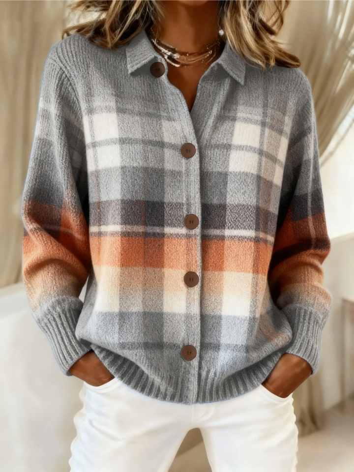Cardigan à Carreaux Boutonné Col Chemise Femme