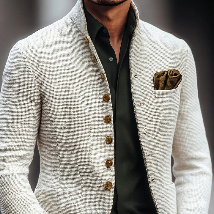 Blazer Texturé à Col Montant Boutonné Homme
