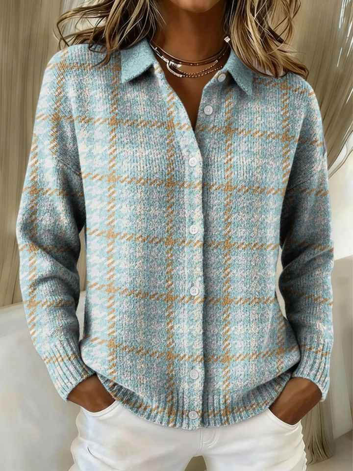 Cardigan à Carreaux Boutonné Col Chemise Femme