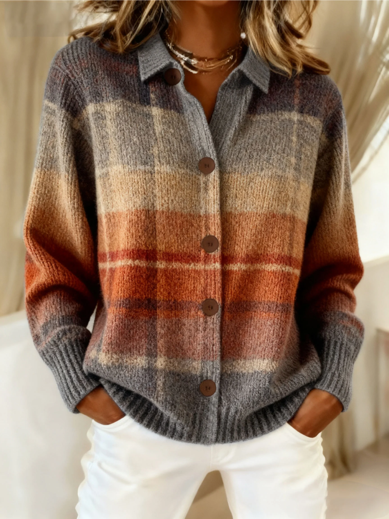 Cardigan à Carreaux Boutonné Col Chemise Femme
