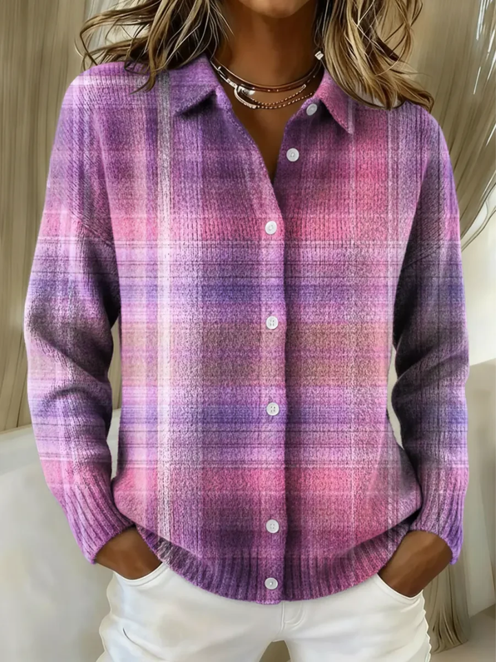 Cardigan à Carreaux Boutonné Col Chemise Femme