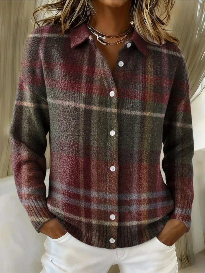 Cardigan à Carreaux Boutonné Col Chemise Femme