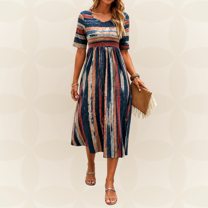 Robe Midi Rayée Manches Courtes Femme