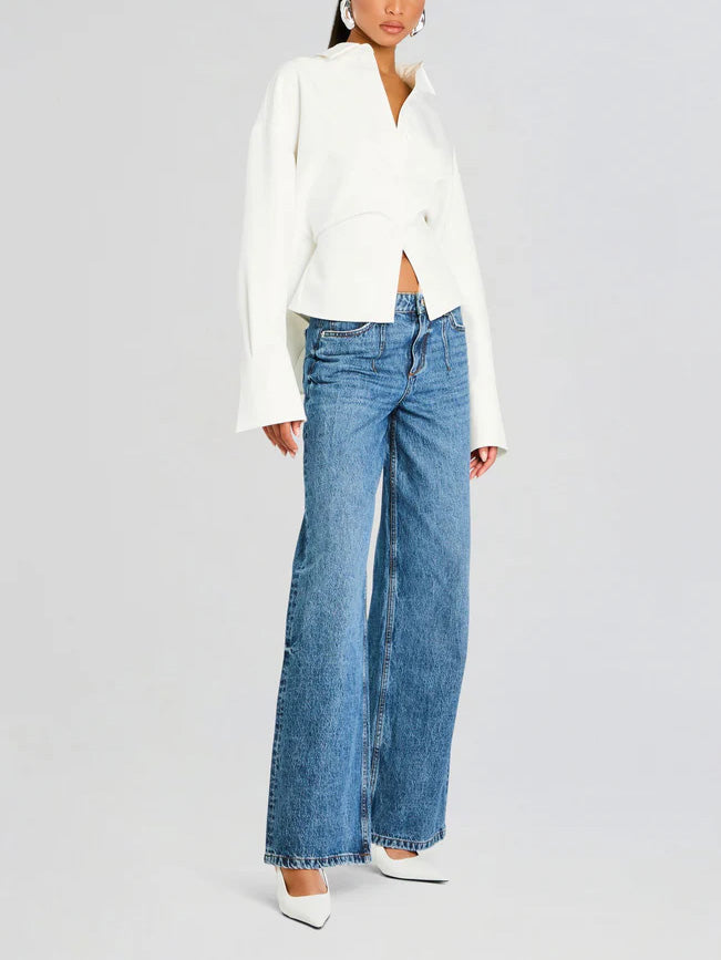 Top à Col Chemise Manches Longues Femme