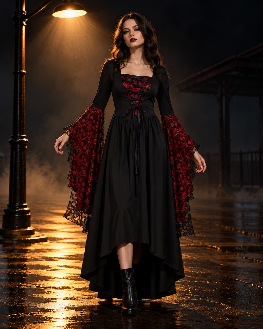 Robe Halloween Gothique à Manches Évasées Femme